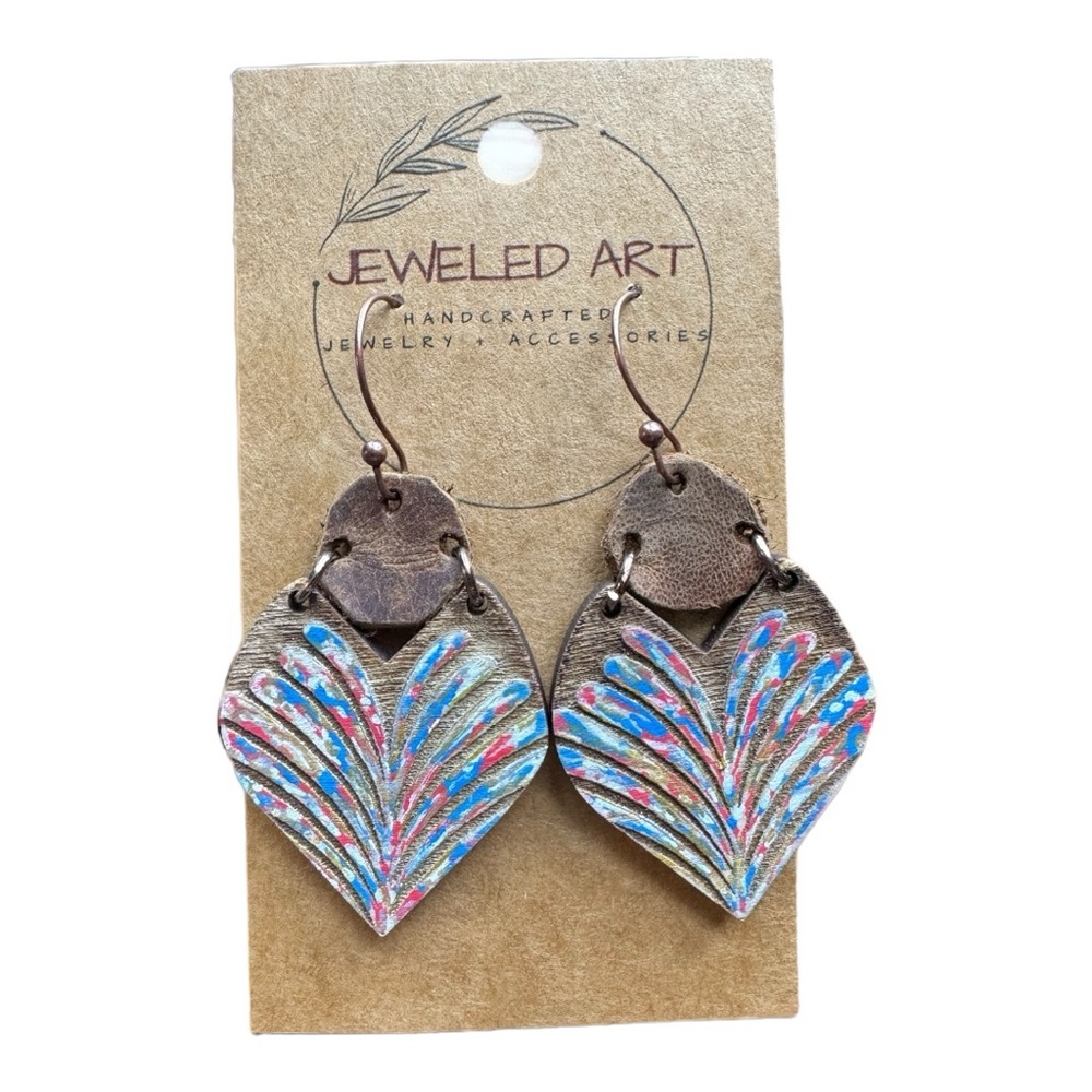 JEWELED ART Hand Painted Firework Wood Earrings Rustic Farmhouse Leather USA